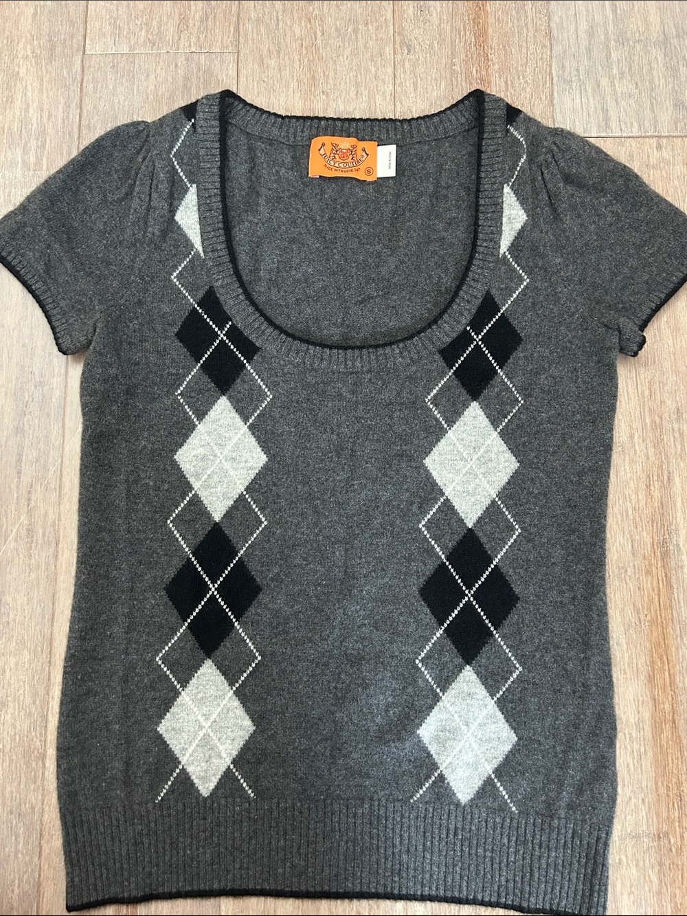 Juicy Couture Dark Gray Argyle Scoop Neck Short Sleeve Cashmere Sweater S